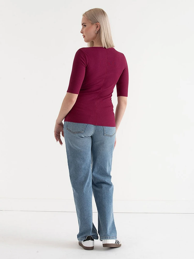 Ribbed Scoop Neck Top with Elbow Sleeves