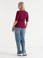 Ribbed Scoop Neck Top with Elbow Sleeves