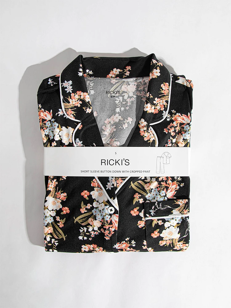 Short Sleeve Button Down Shirt with Crop Pant Sleep Set