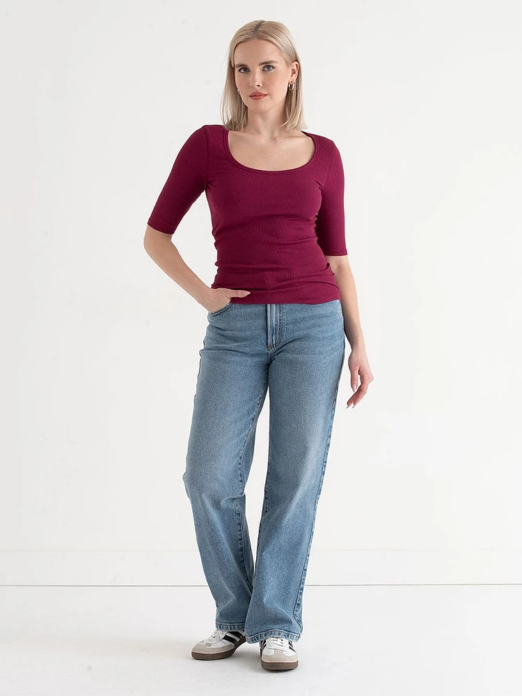 Ribbed Scoop Neck Top with Elbow Sleeves