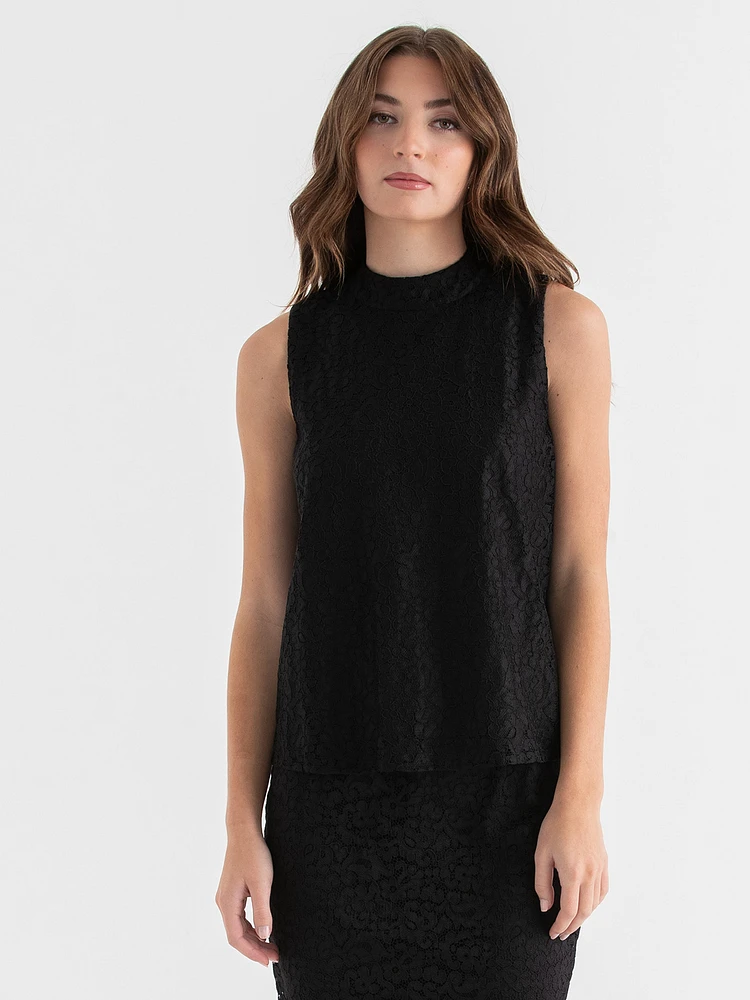 Sleeveless Mock Neck Lace Blouse