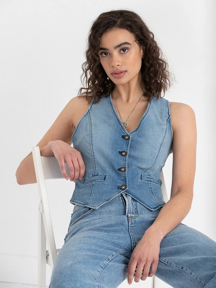 Button Front Denim Vest