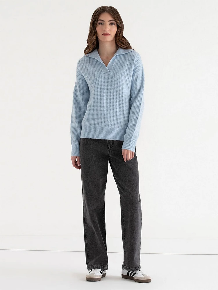 Open Collar Waffle Sweater