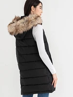 Carlyn Long Puffer Vest with Detachable Hood & Fur Trim