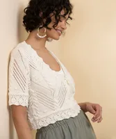 Open-Stitch Button-Up Crop Cardigan