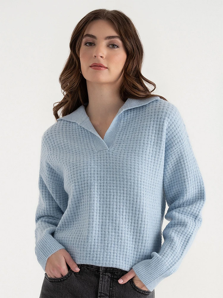 Open Collar Waffle Sweater