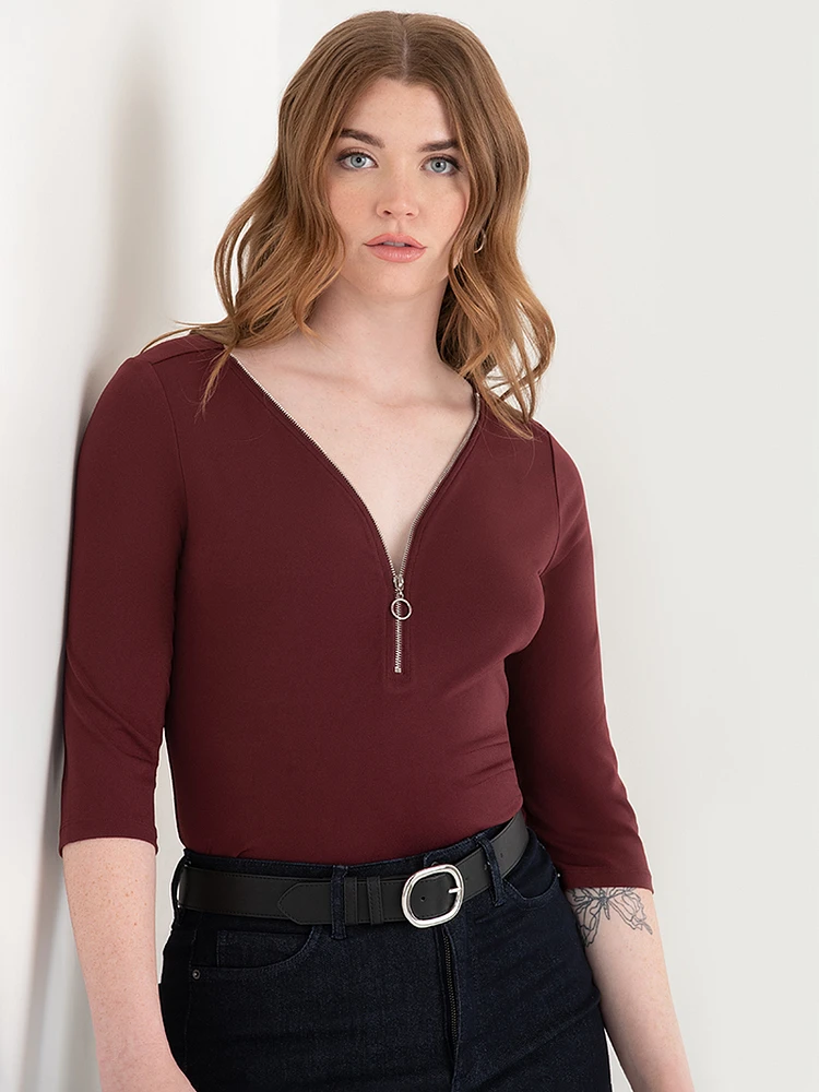 V-Neck Zipper 3/4 Sleeve Top