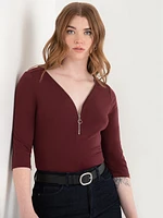 V-Neck Zipper 3/4 Sleeve Top