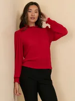 Ruffle Neck Crinkle Knit Long Sleeve Blouse