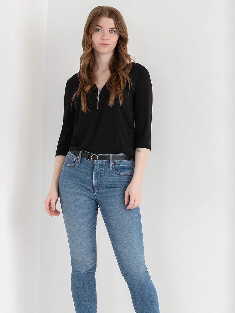 V-Neck Zipper 3/4 Sleeve Top