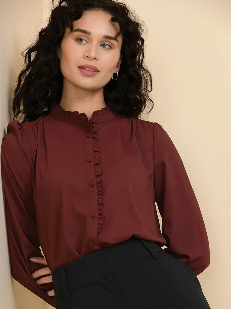Long Sleeve Ruffle Trim Blouse
