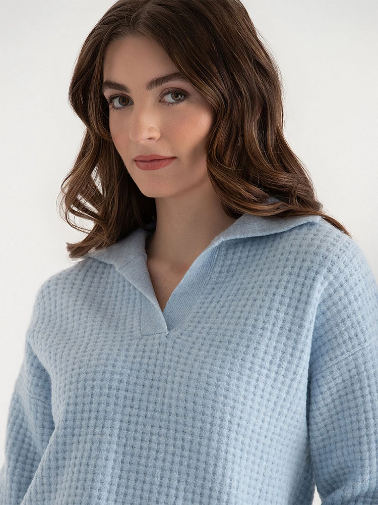 Open Collar Waffle Sweater