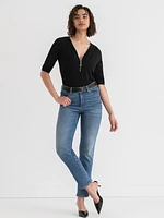 V-Neck Zipper 3/4 Sleeve Top