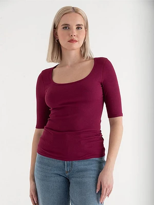 Ribbed Scoop Neck Top with Elbow Sleeves