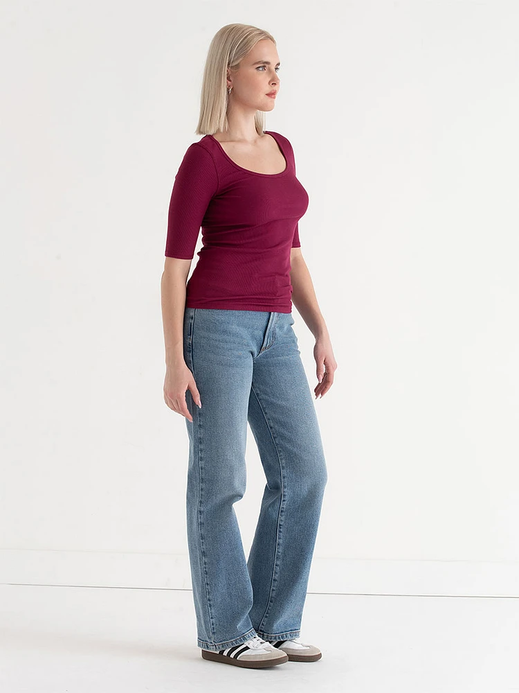 Ribbed Scoop Neck Top with Elbow Sleeves