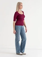 Ribbed Scoop Neck Top with Elbow Sleeves