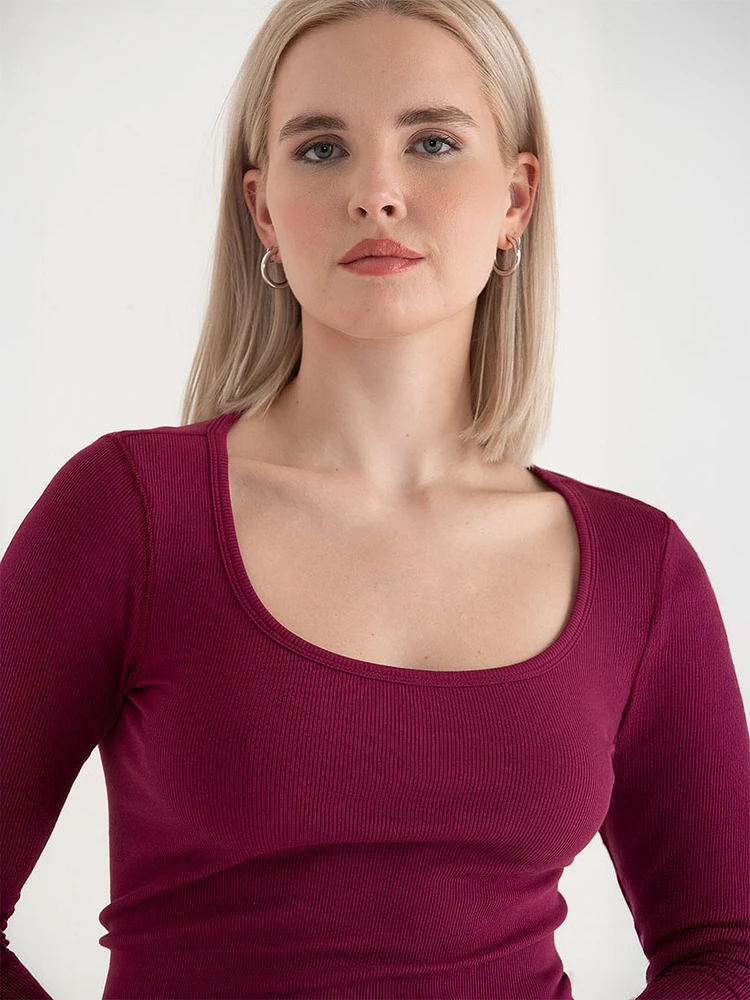 Ribbed Scoop Neck Top with Elbow Sleeves