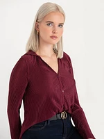 Plisse Button-Up Blouse