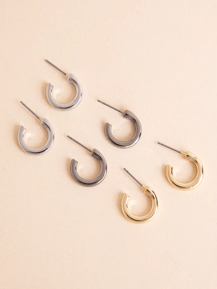 Assorted Metal Huggie Hoop Earrings Trio