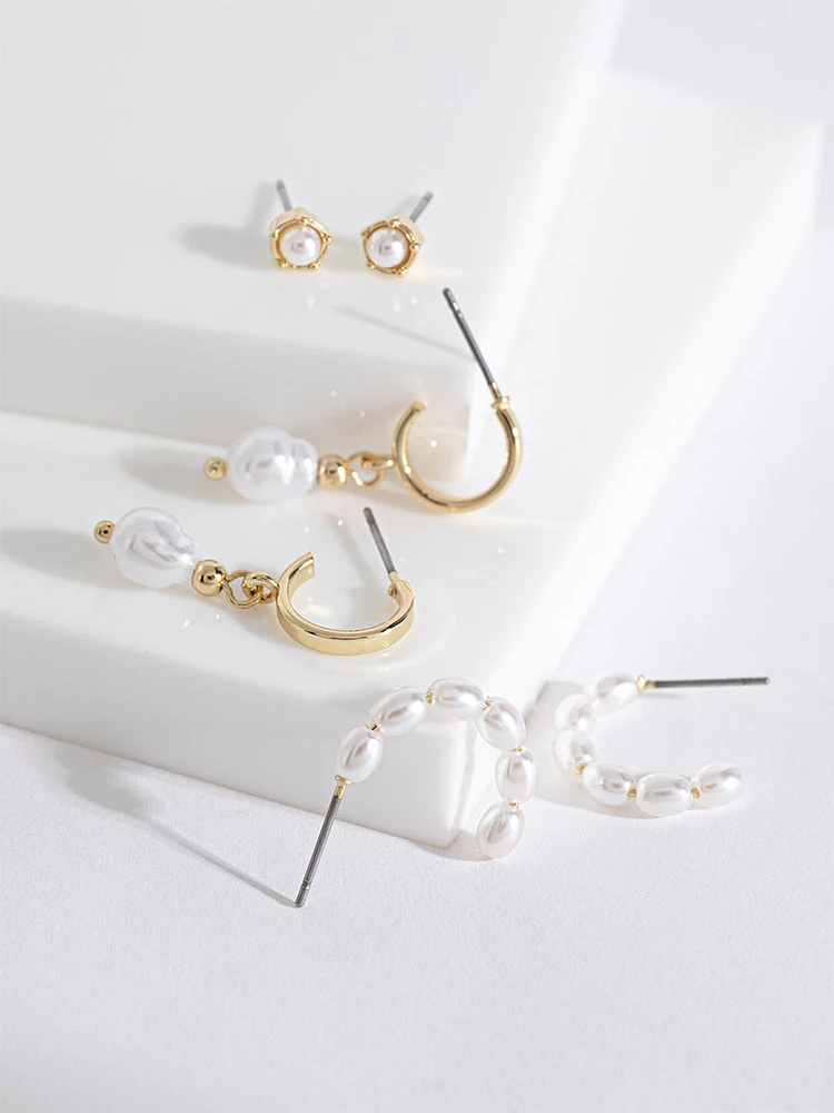 Gold and Pearls Earring Trio