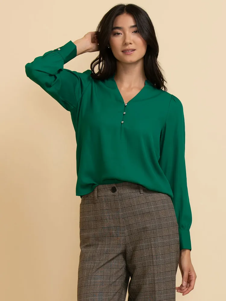 Long Sleeve V-Neck Blouse with Silver Buttons