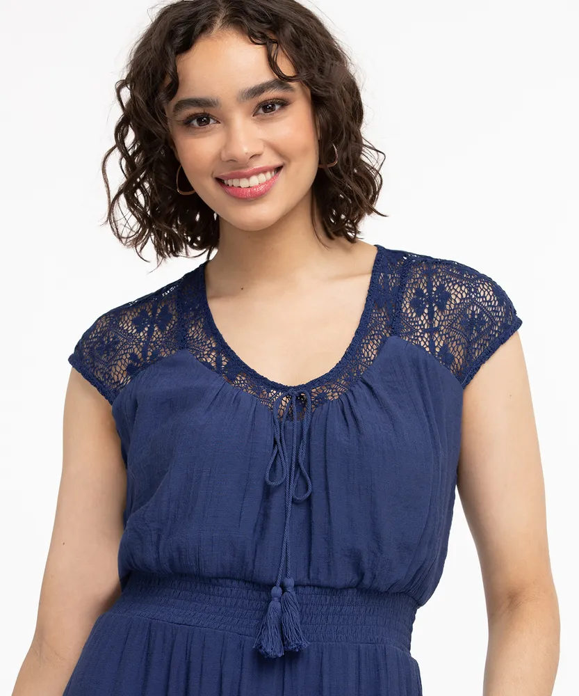 Lace Yoke V-Neck Dress