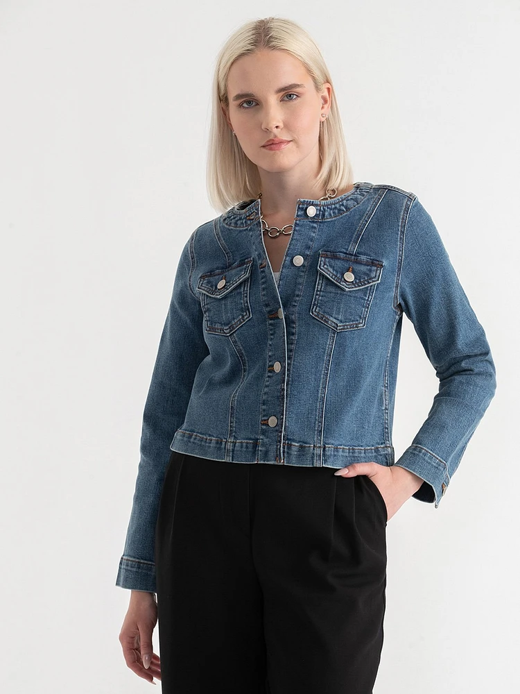 Collarless Denim Jacket