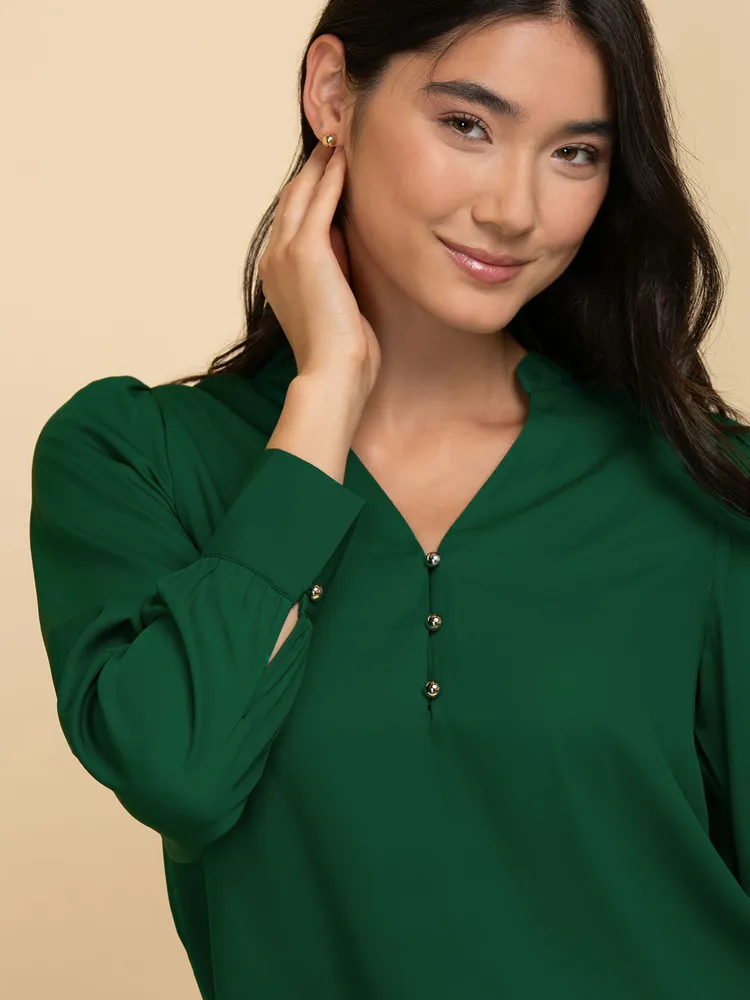 Long Sleeve V-Neck Blouse with Silver Buttons