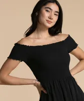 Smocked Off-Shoulder Asymmetrical Dress