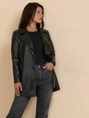 Belted Faux Leather Trench Coat