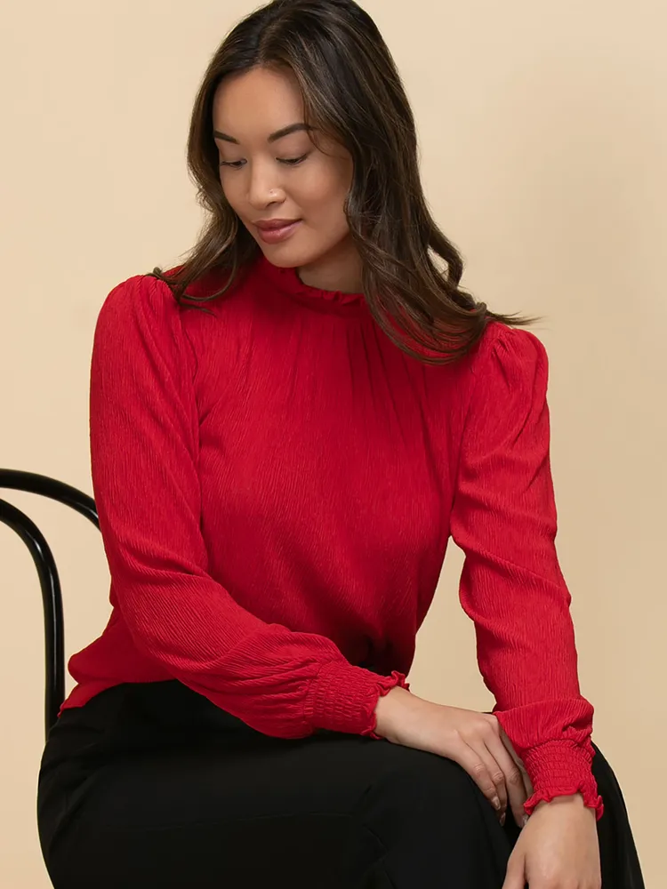 Ruffle Neck Crinkle Knit Long Sleeve Blouse