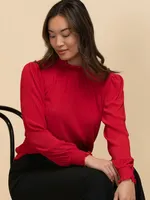 Ruffle Neck Crinkle Knit Long Sleeve Blouse