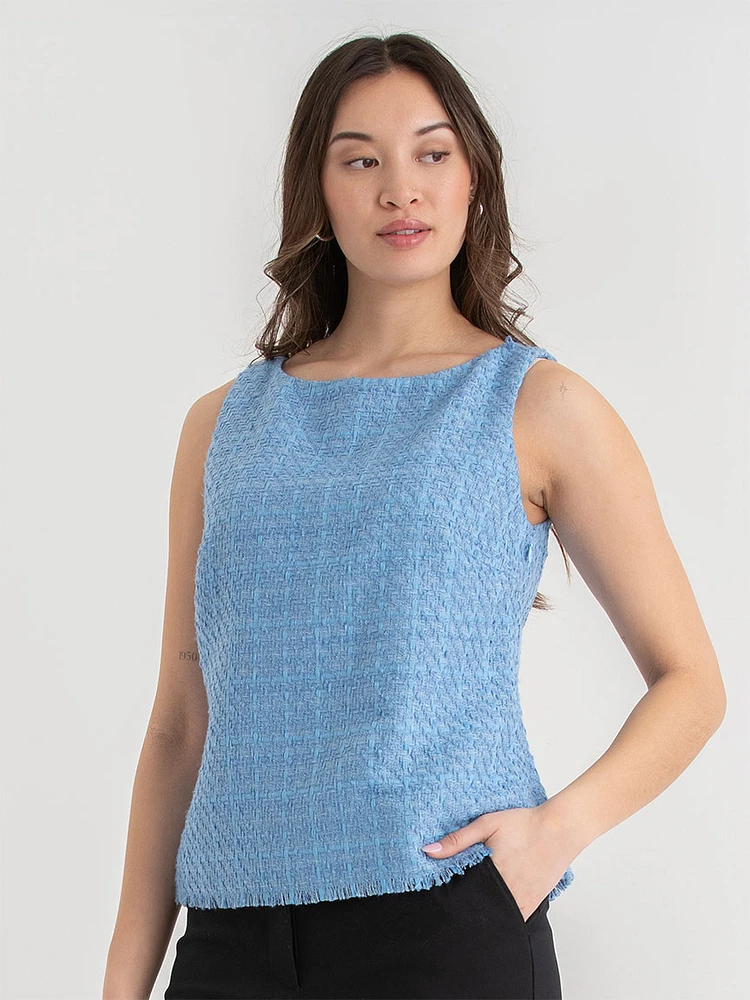 Sleeveless Boucle Top with Fringe Hem
