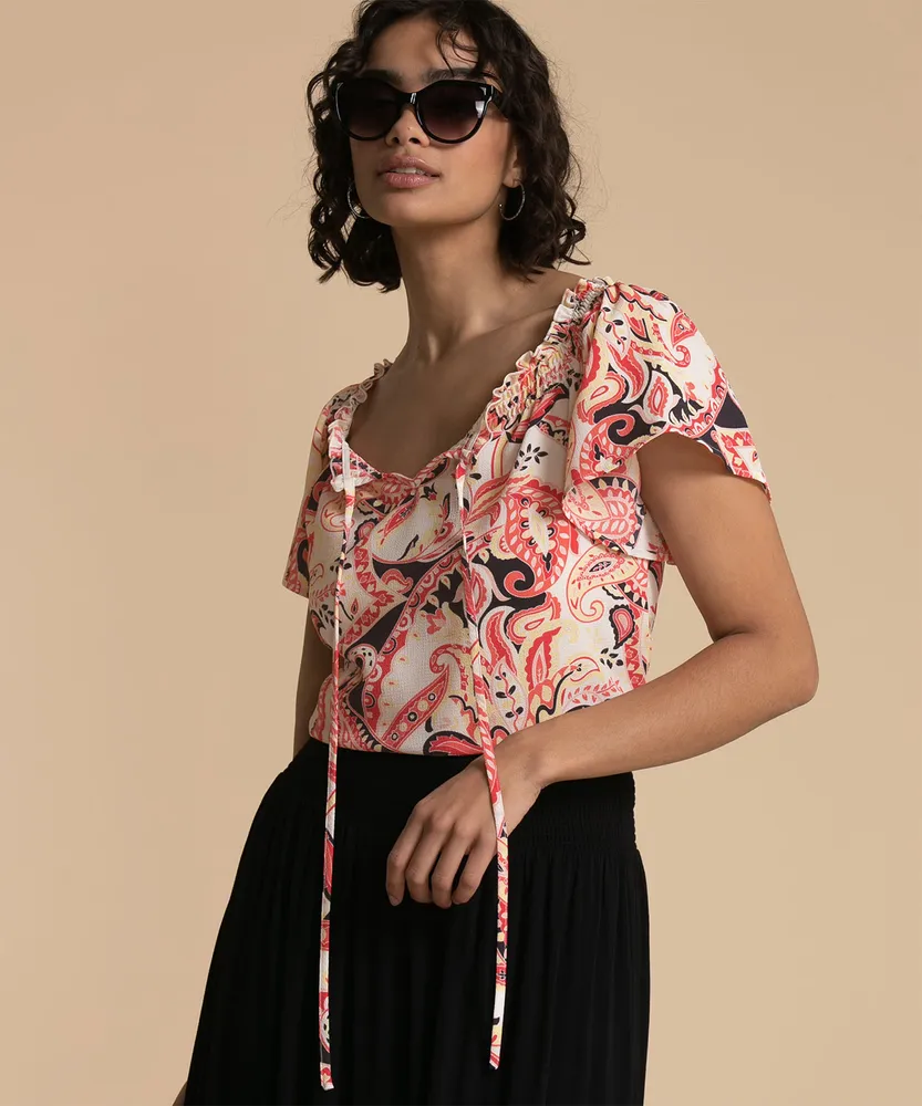 On or Off the Shoulder Top with Tied Neckline