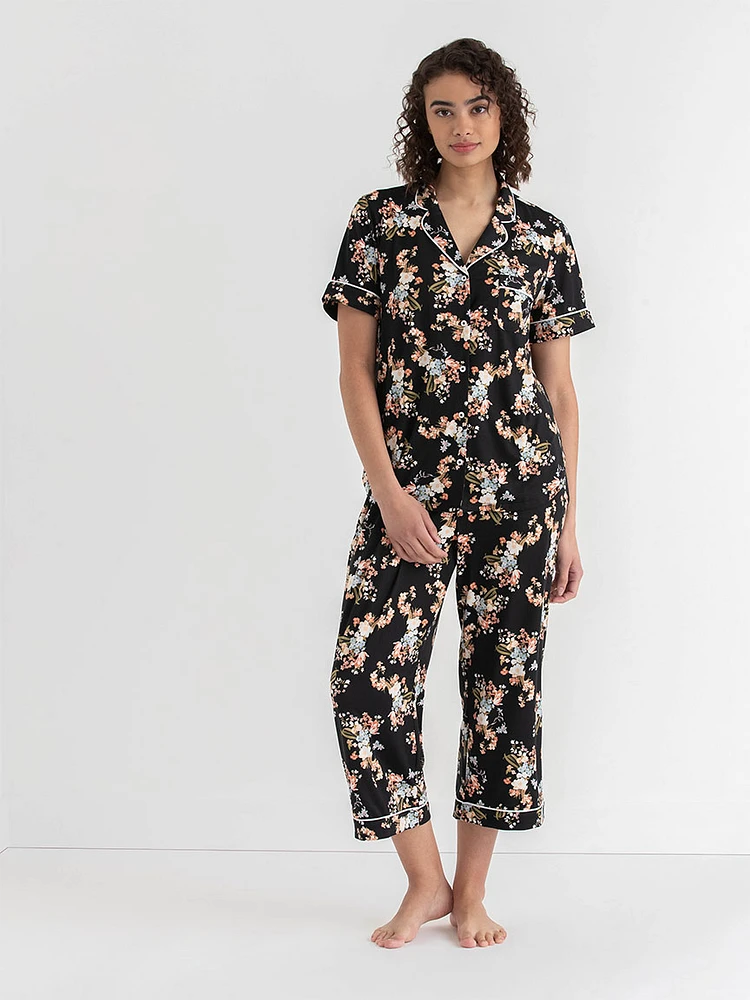 Short Sleeve Button Down Shirt with Crop Pant Sleep Set