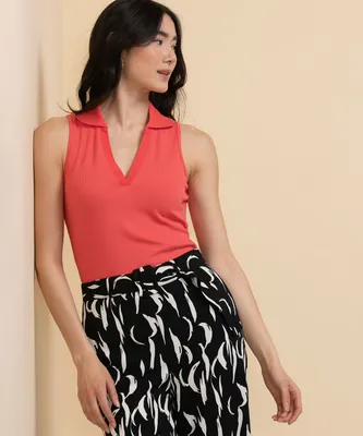 Sleeveless Ribbed Collar Top