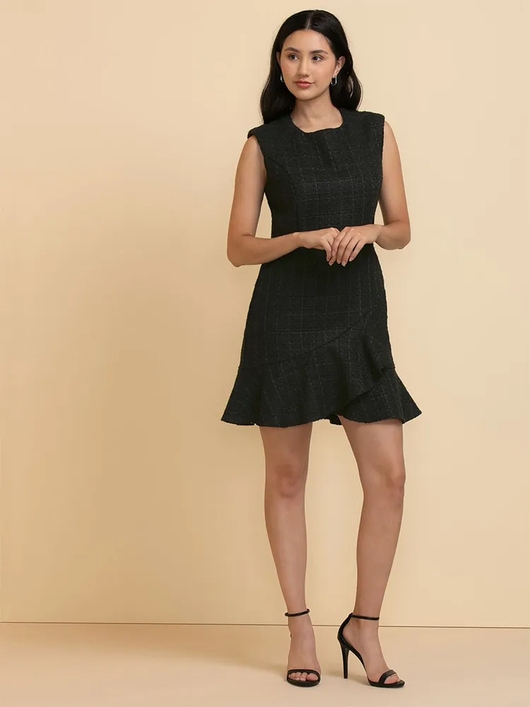 Sleeveless Boucle Dress with Flounce