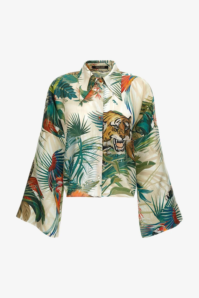 Jungle Print Silk Shirt Wide Sleeves