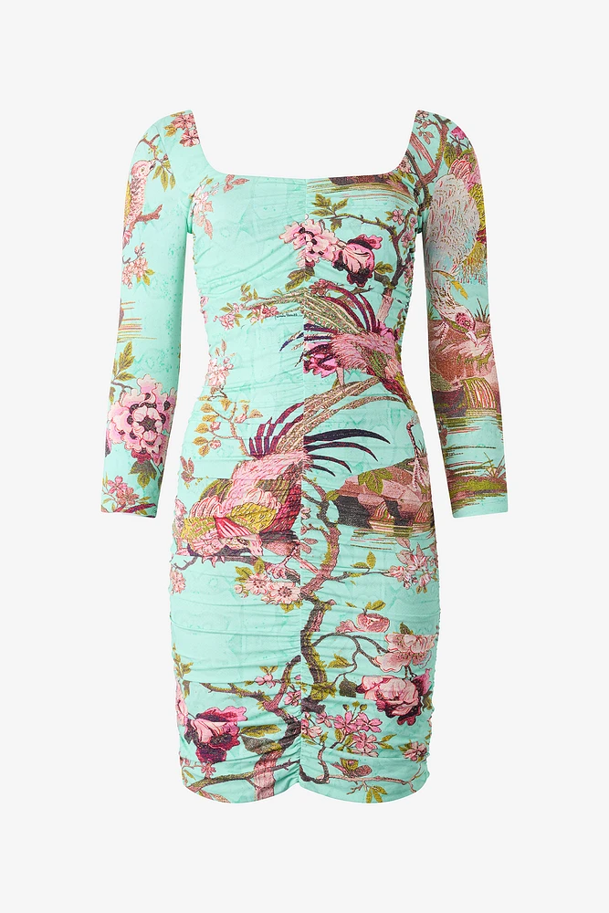 Mini Dress With Oriental Bird Print