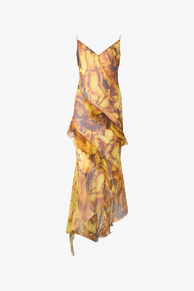 Asymmetric Silk Dress With Amber Print