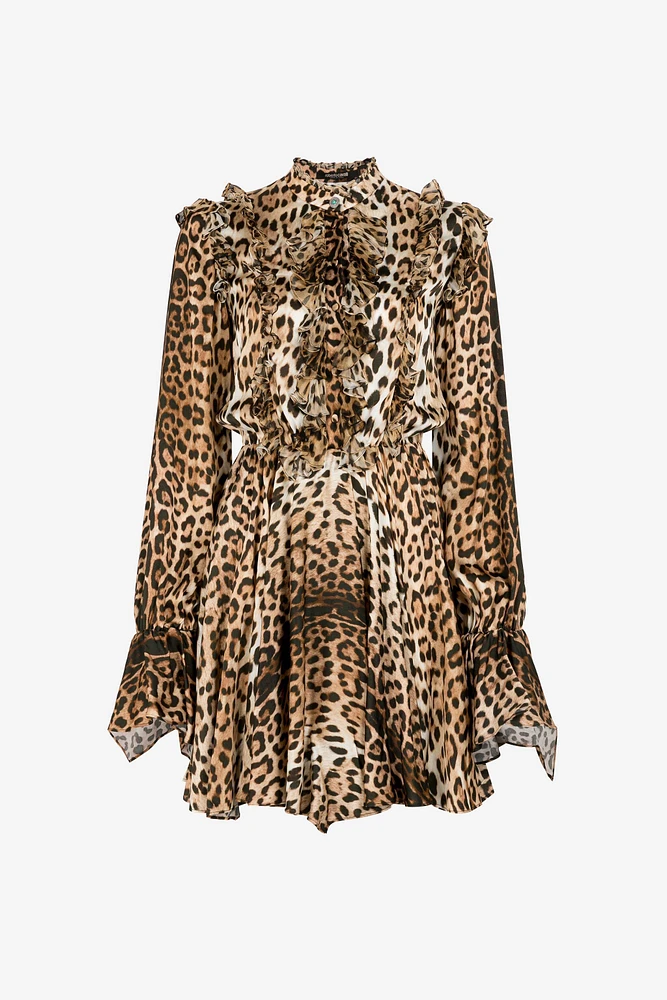 Ruffled-detail leopard-print dress