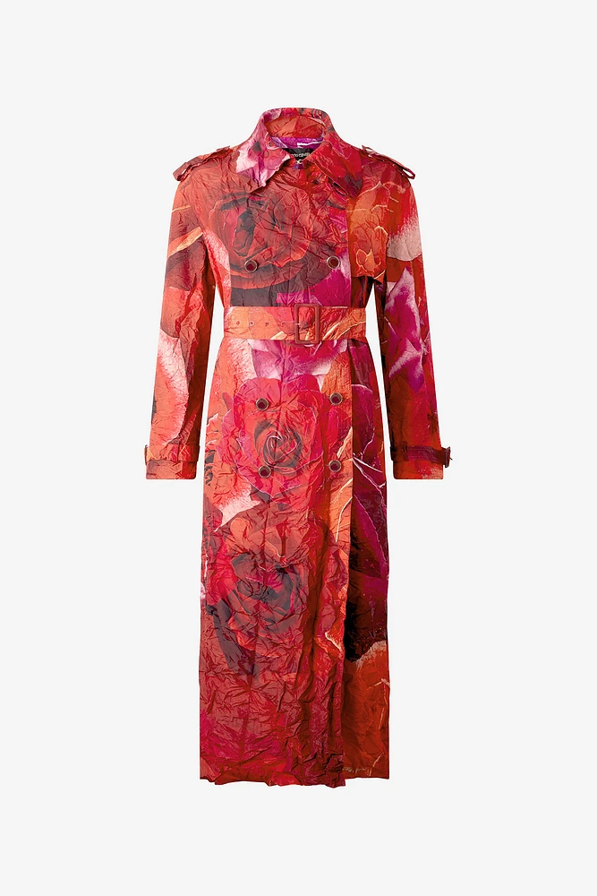 Long Crinkle-Effect Trench Coat With Rose Print