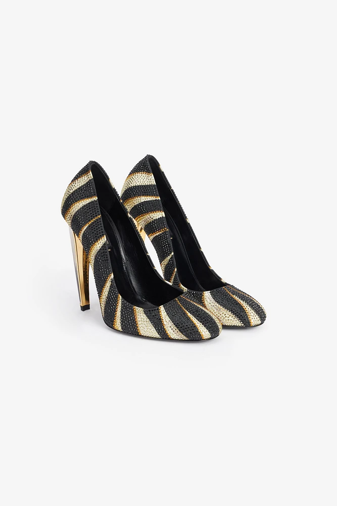 Print Satin Pumps with Rhinestones