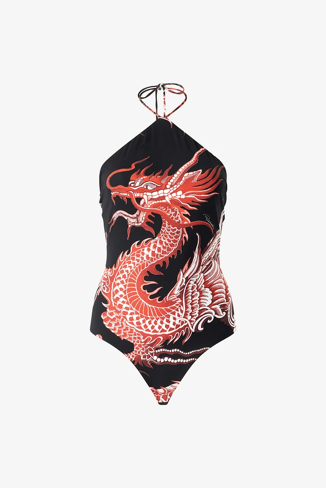 Bodysuit With Dragon, Flowers And Fans