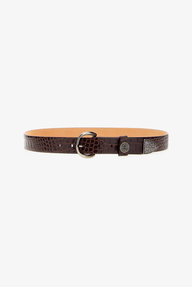 Brown Croc-Effect Logo Belt