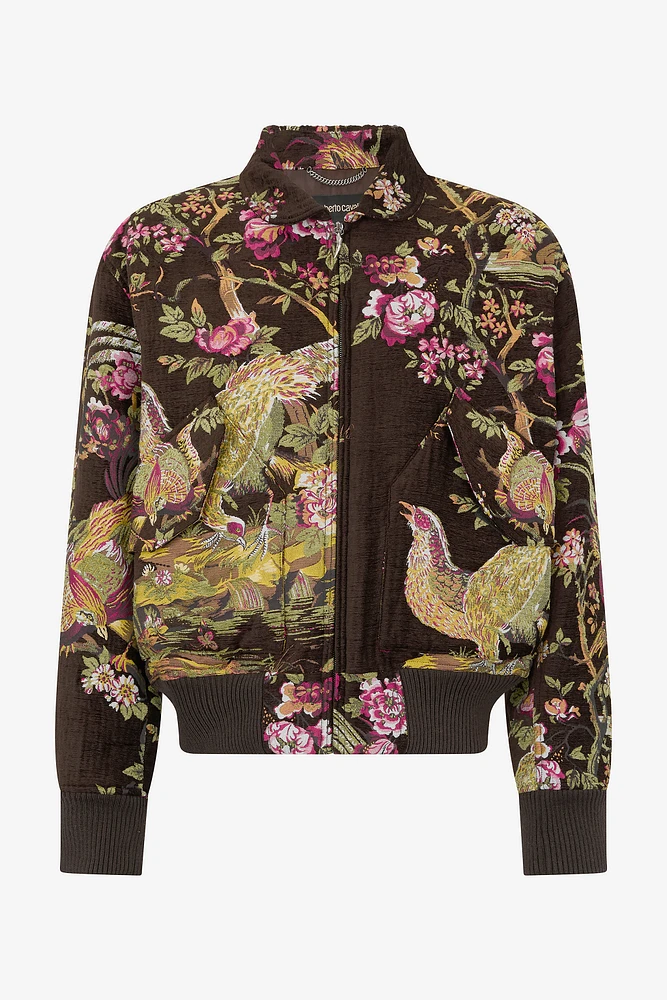 Bomber Jacket With Oriental Bird Print