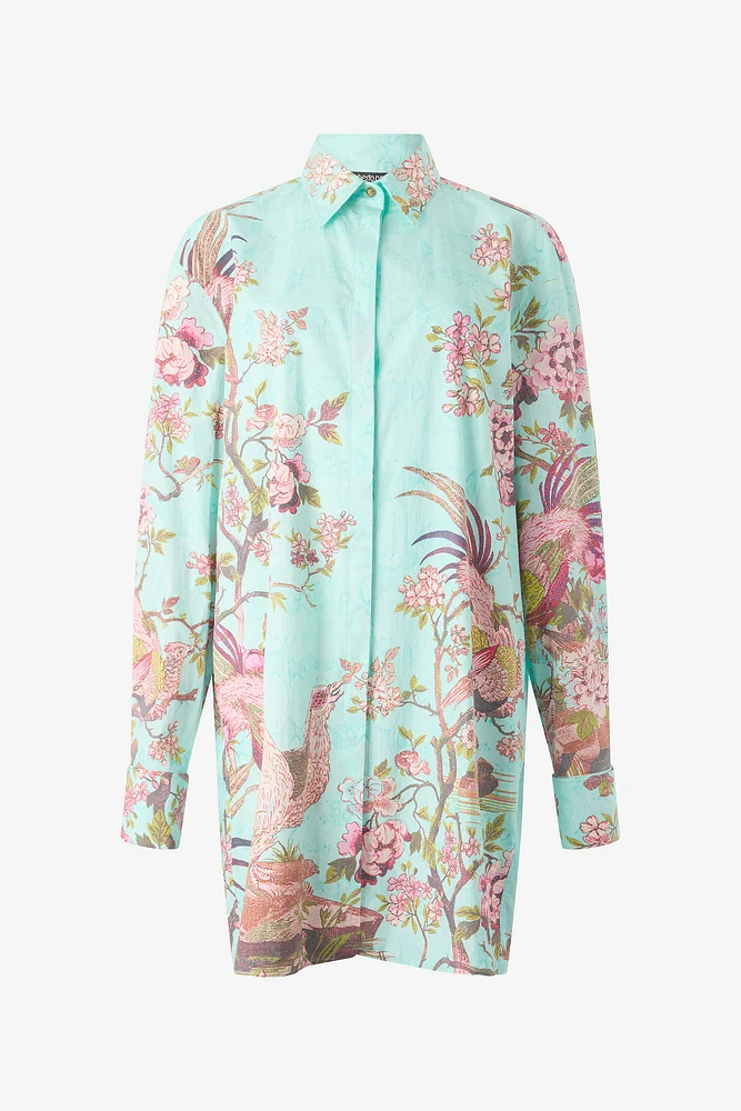 Shirt Dress With Oriental Bird Print