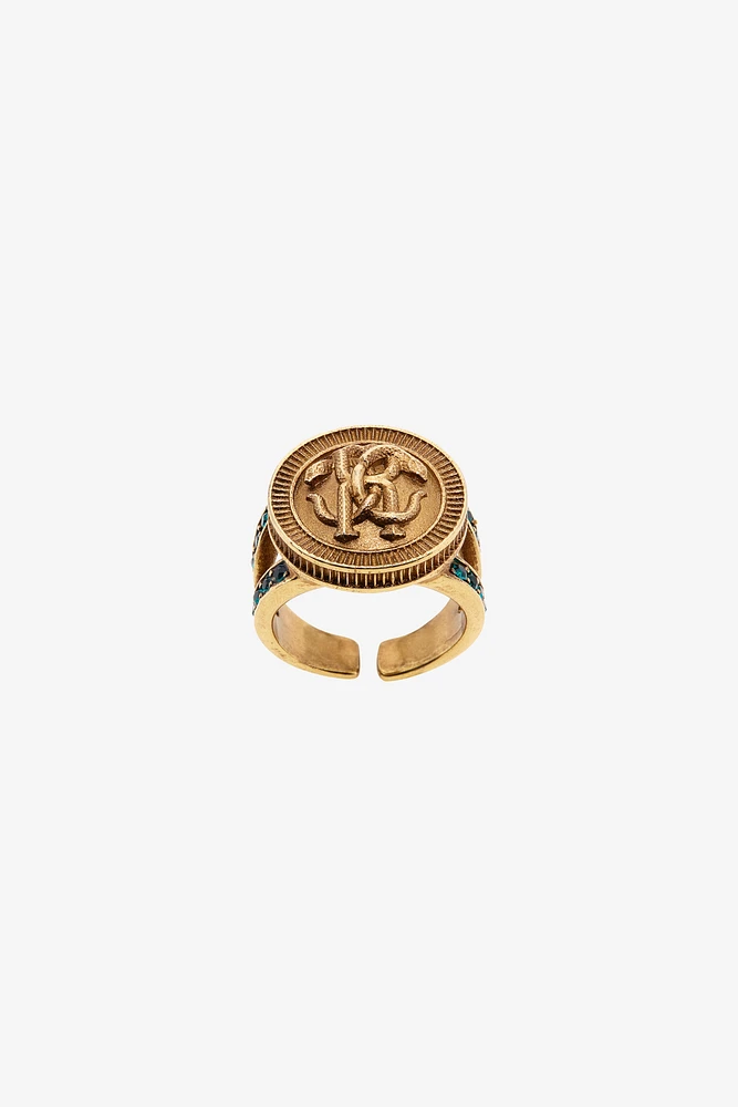Ring With Monogram Mirror Snake And Crystals