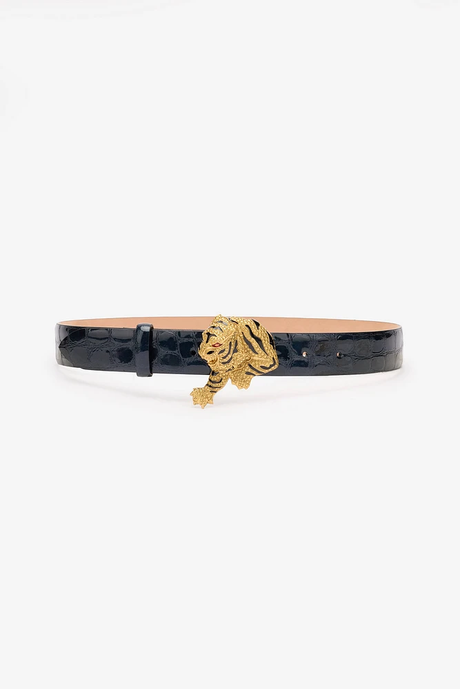 Crocodile-Effect Belt With Bejeweled Tiger