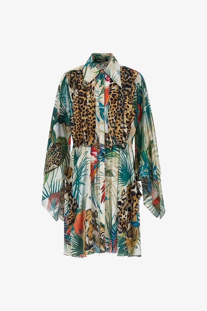Jungle Print Mini Dress Wide Sleeves